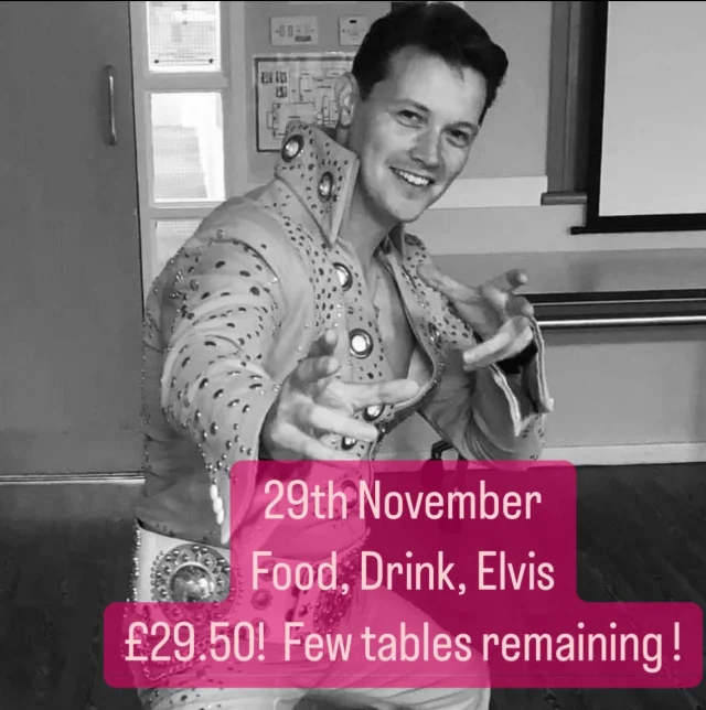 Call 01159655600 to book. Drink on arrival and canapés, 2 course dinner and The King! @memphisflash ! Dancing to 12 dancing 💃