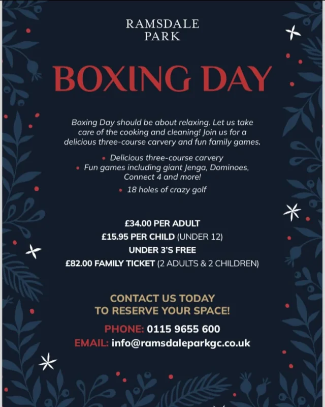 🎁 BOXING DAY 🎁 is fast approaching!!! 

Last few tables remaining!🎄

A wonderful afternoon with friends and family is awaiting plus a Free game of Adventure Golf ⛳️ for everyone. 

To book please call the events team on 0115 9655600.